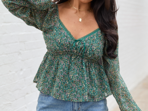 Kileigh Green Floral Long Sleeve Babydoll Top