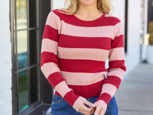 Brandy Red Striped Fitted Crewneck Sweater