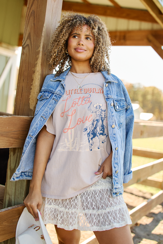 Little Outlaw Lotta Love Taupe Oversized Graphic Tee