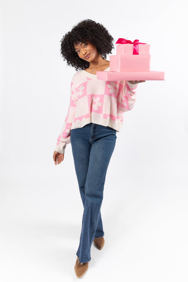 Found A New Way Pink V-Neck Checkered Flower Sweater FINAL SALE - Image 7