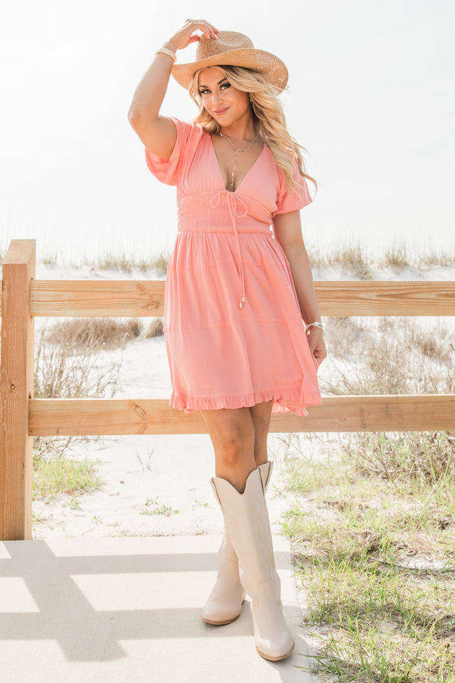 Urban Cowgirl Coral V-Neck Smocked Dress FINAL SALE - Image 2
