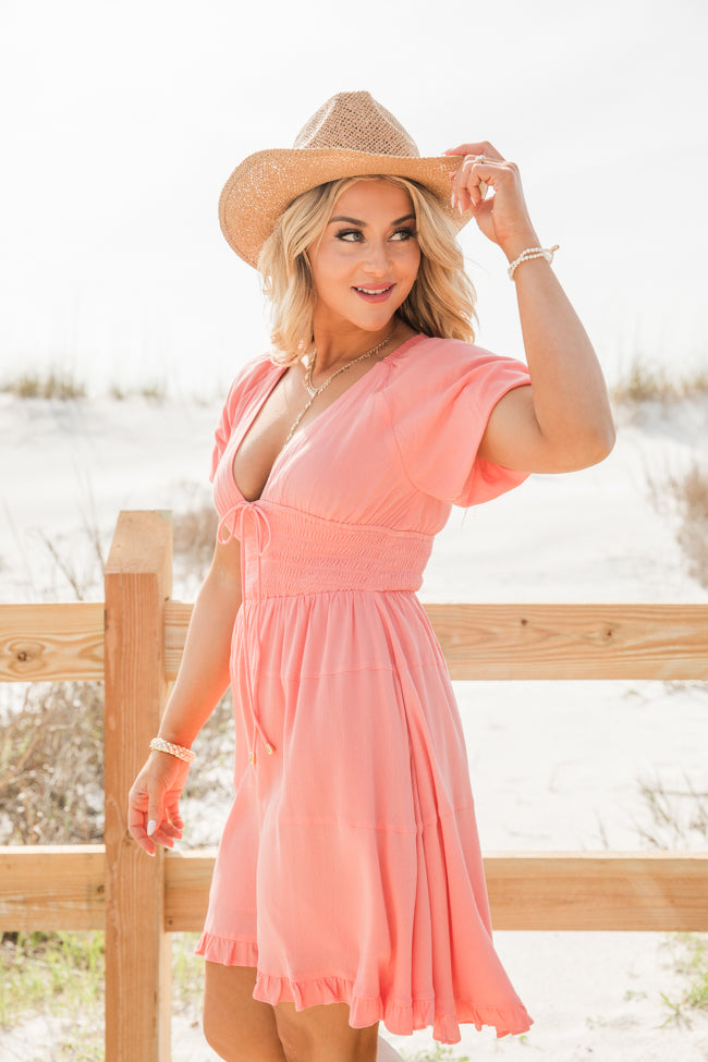 Urban Cowgirl Coral V-Neck Smocked Dress FINAL SALE - Image 3