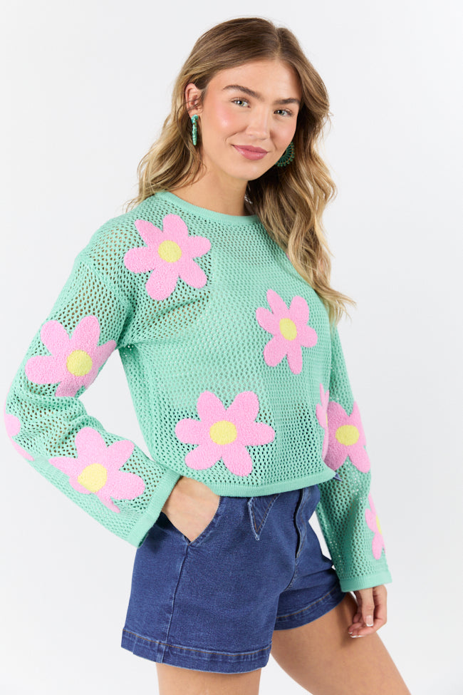 Follow You Around Mint And Pink Flower Embroidered Sweater FINAL SALE - Image 10