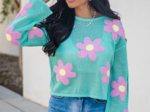 Follow You Around Mint And Pink Flower Embroidered Sweater FINAL SALE