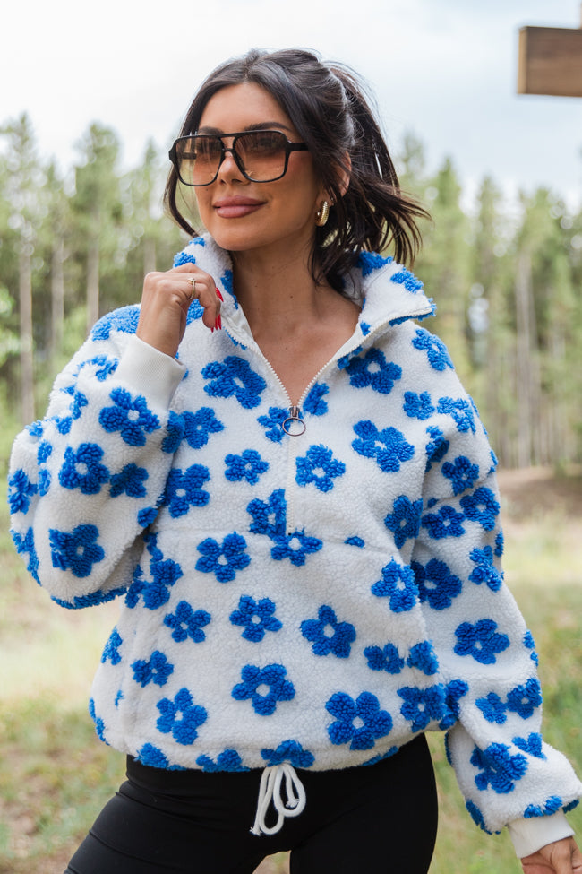 Playing For Keeps Blue and Ivory Floral Print Sherpa Pullover FINAL SALE