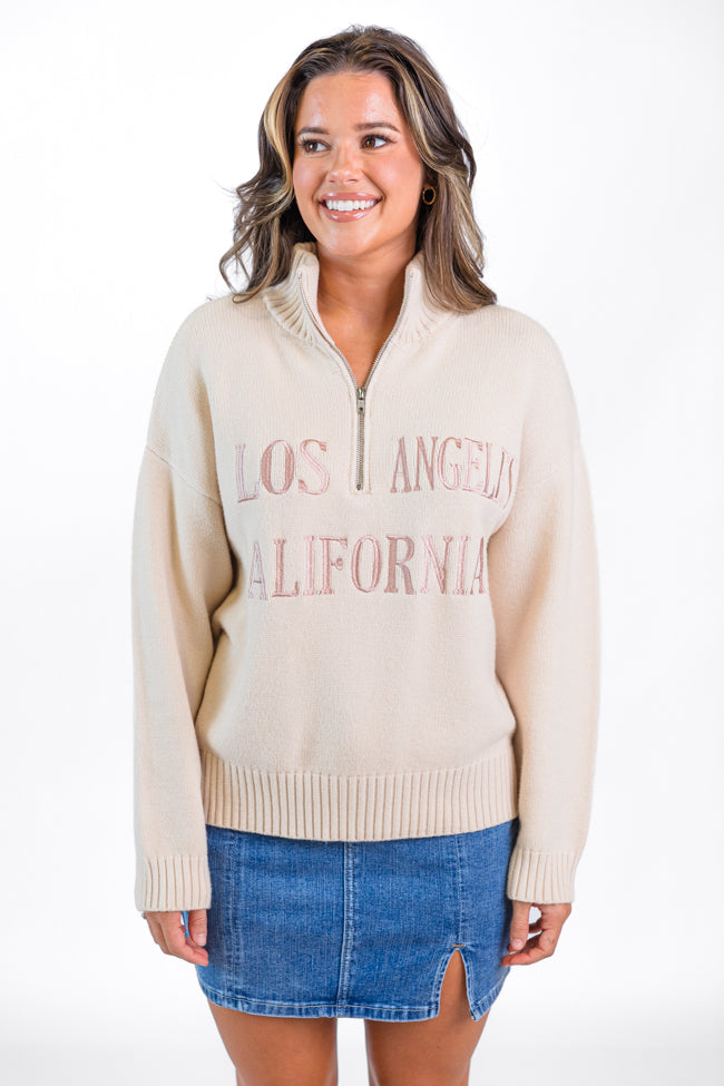 Roll With It Beige Los Angeles Embroidered Quarter Zip Sweater FINAL SALE - Image 3