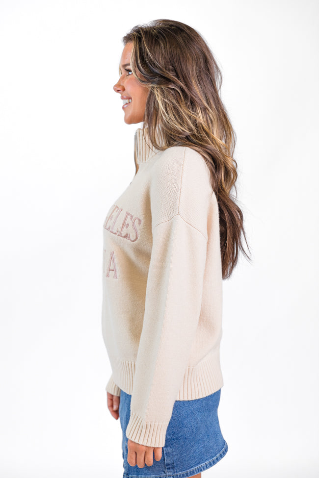 Roll With It Beige Los Angeles Embroidered Quarter Zip Sweater FINAL SALE - Image 5
