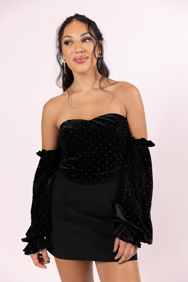 Brightest Star Black Off The Shoulder Rhinestone Studded Velvet Top FINAL SALE