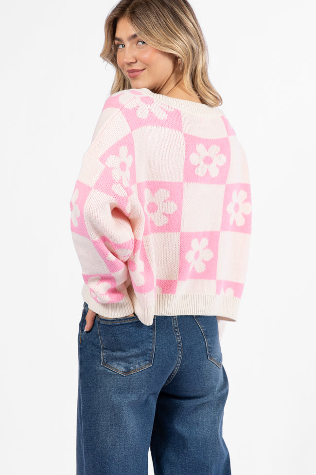 Found A New Way Pink V-Neck Checkered Flower Sweater FINAL SALE - Image 5