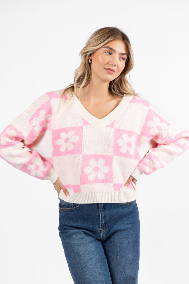 Found A New Way Pink V-Neck Checkered Flower Sweater FINAL SALE
