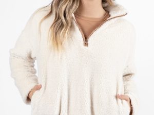 Stay Here Beige Contrast Trim Sherpa Pullover FINAL SALE