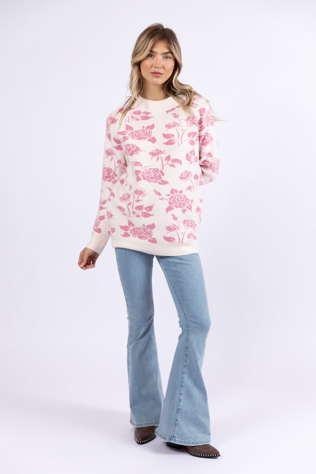 Feeling Like Love Ivory and Pink Floral Crew Neck Sweater FINAL SALE - Image 2