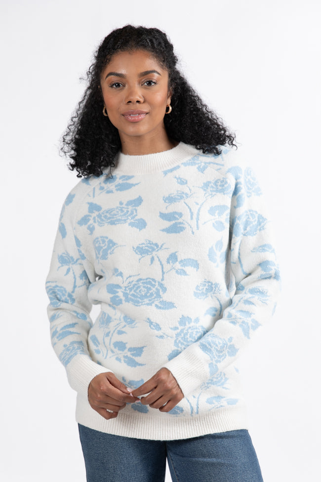 Feeling Like Love Ivory and Blue Floral Crew Neck Sweater FINAL SALE