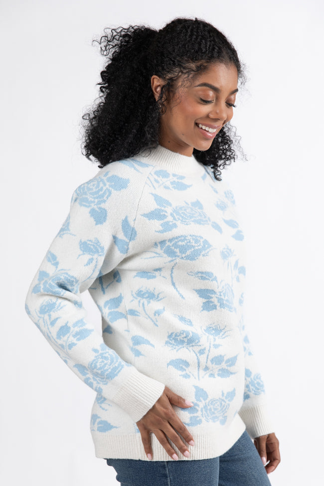 Feeling Like Love Ivory and Blue Floral Crew Neck Sweater FINAL SALE - Image 3