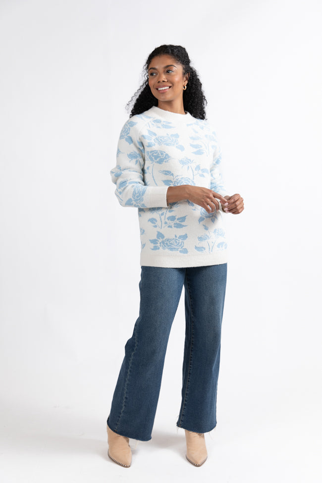 Feeling Like Love Ivory and Blue Floral Crew Neck Sweater FINAL SALE - Image 2