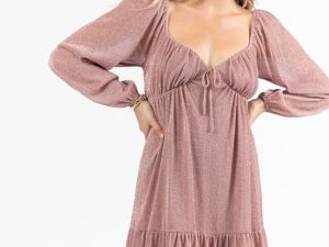Presence Of Love Pink Shimmer Long Sleeve Sweetheart Dress FINAL SALE