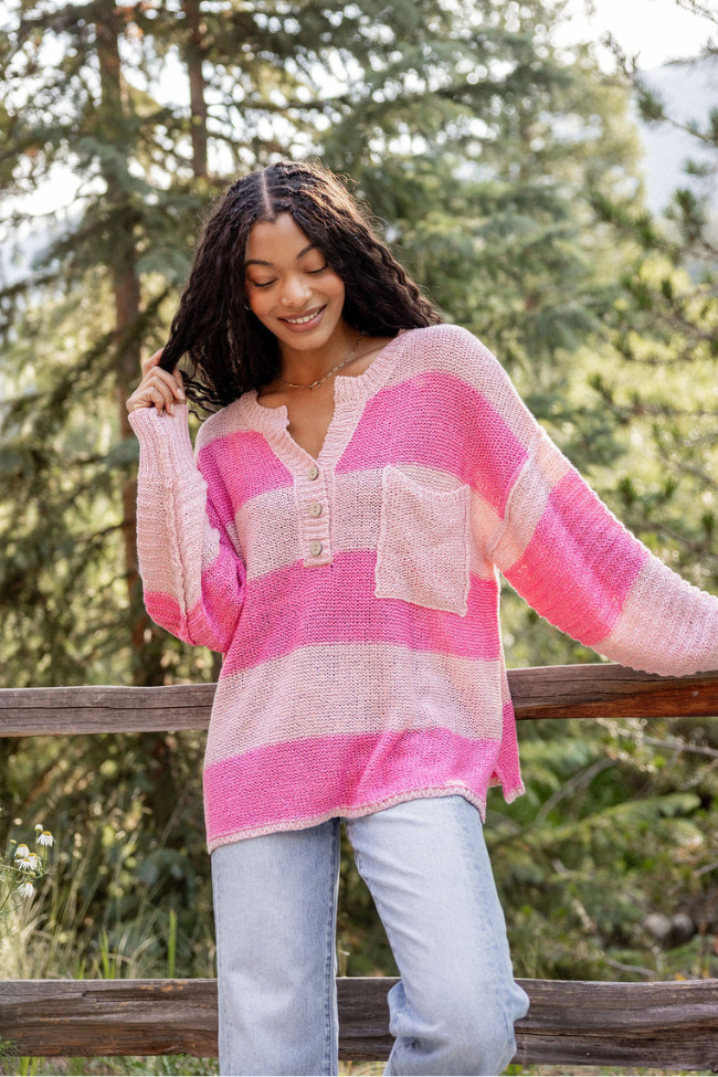 Know You Best Pink Oversized Striped Henley Sweater FINAL SALE
