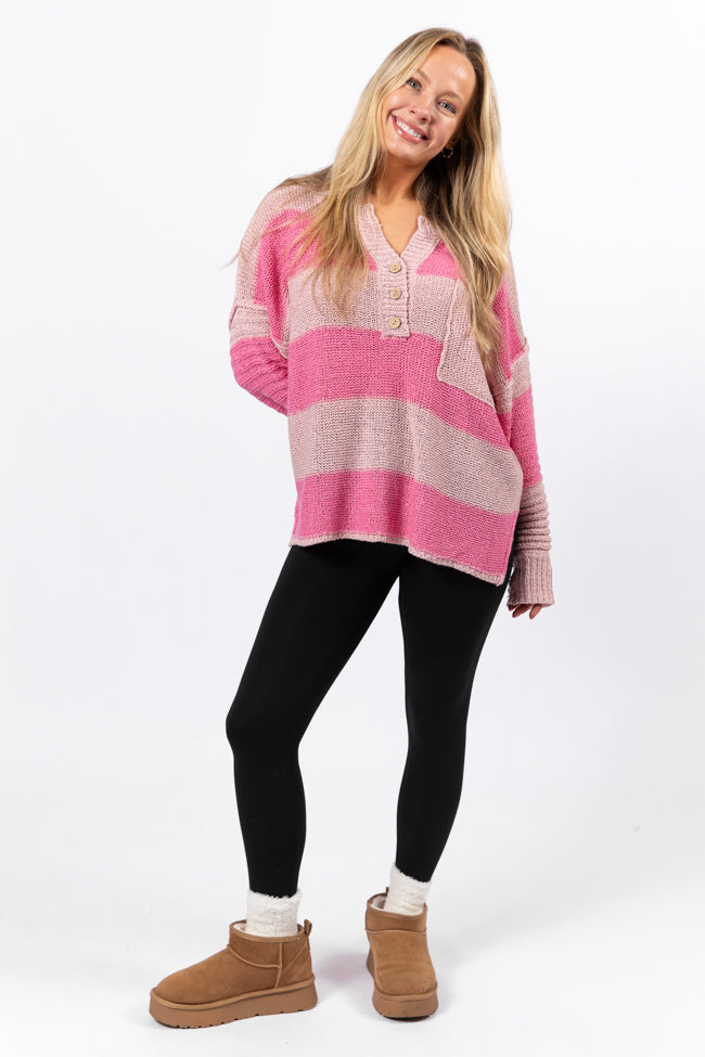 Know You Best Pink Oversized Striped Henley Sweater FINAL SALE - Image 3