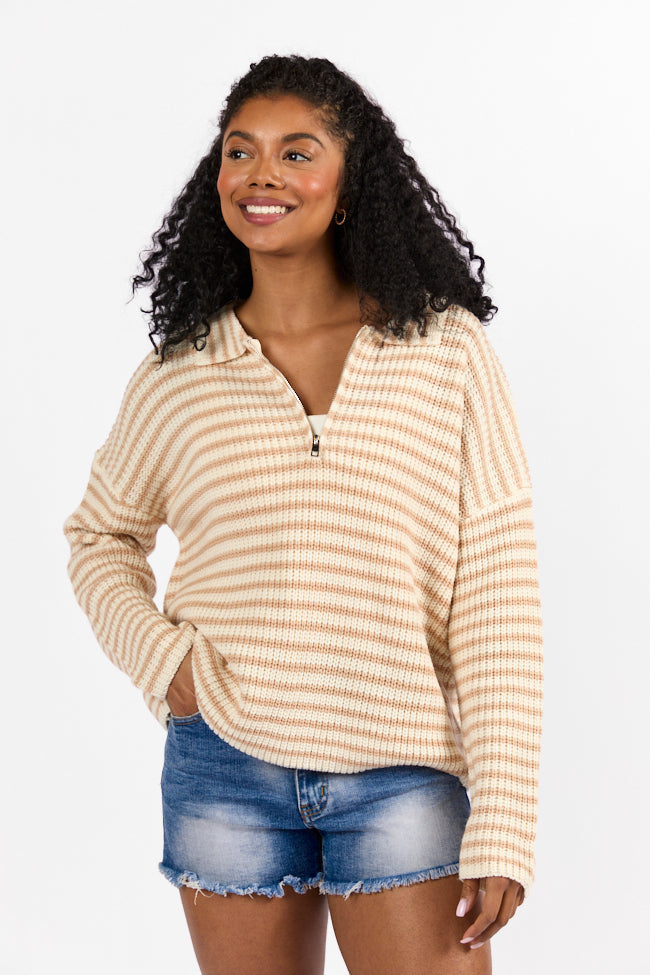 Bayside Breeze Ivory and Tan Stripe Quarter Zip Pullover Sweater FINAL SALE