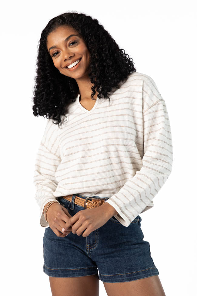 Many Beginnings Cream and Beige Striped Notched Neck Tee FINAL SALE
