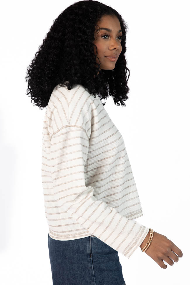 Many Beginnings Cream and Beige Striped Notched Neck Tee FINAL SALE - Image 5