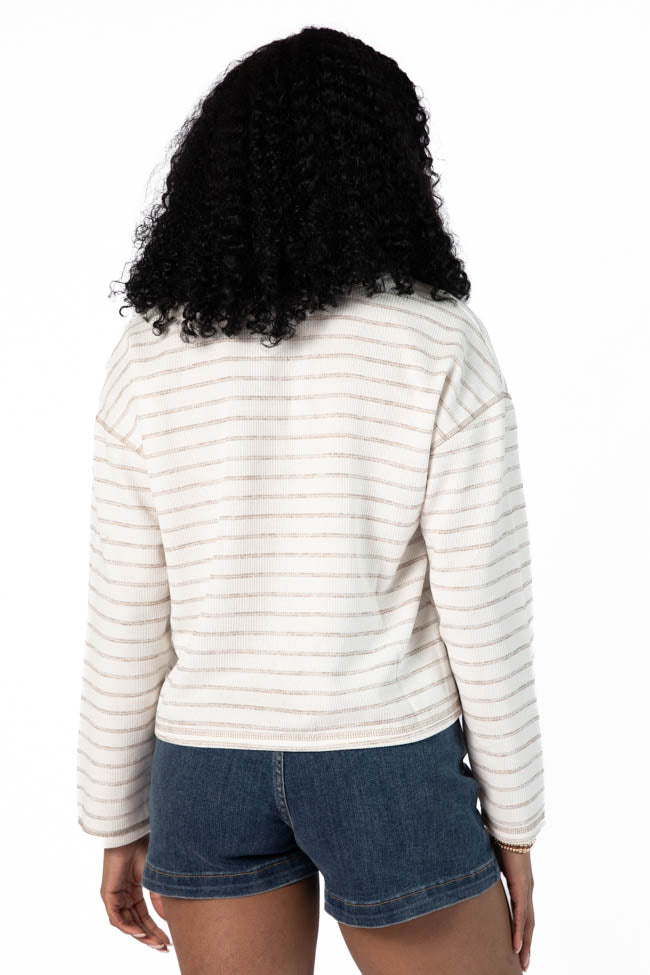 Many Beginnings Cream and Beige Striped Notched Neck Tee FINAL SALE - Image 6