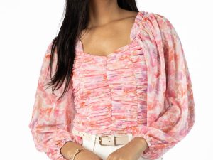 Show Me The Way Pink Multi Ruched Balloon Sleeve Floral Bodysuit FINAL SALE