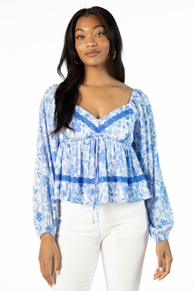 In My Dreams Blue Lace Trim Floral Blouse FINAL SALE