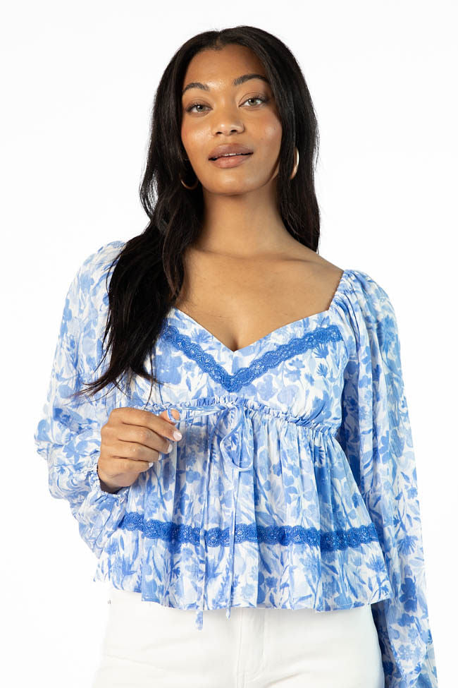In My Dreams Blue Lace Trim Floral Blouse FINAL SALE - Image 2
