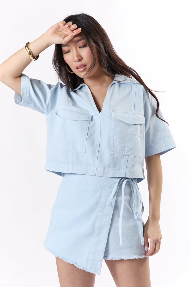 New Ways Ice Blue Cropped Denim Top FINAL SALE - Image 4