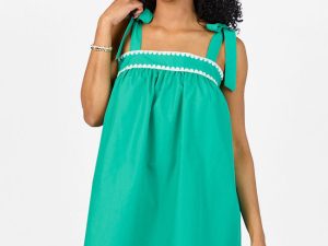 Better This Way Green Tie Shoulder Stitched Trim Mini Dress FINAL SALE