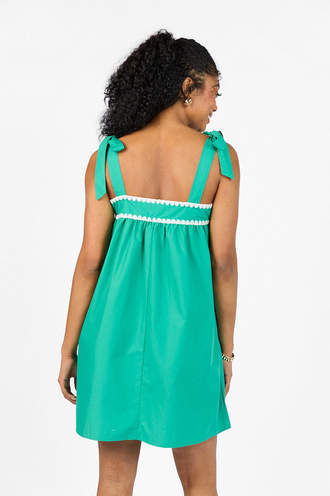 Better This Way Green Tie Shoulder Stitched Trim Mini Dress FINAL SALE - Image 5