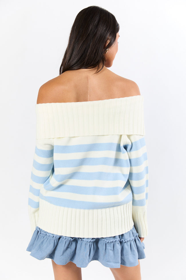 Undertow Feelings Ivory and Blue Striped Off The Shoulder Sweater FINAL SALE - Image 7