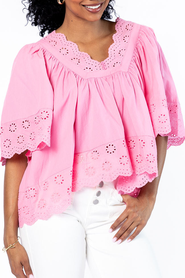No Regrets Pink Eyelet Detail Popover Short Sleeve Blouse FINAL SALE - Image 5