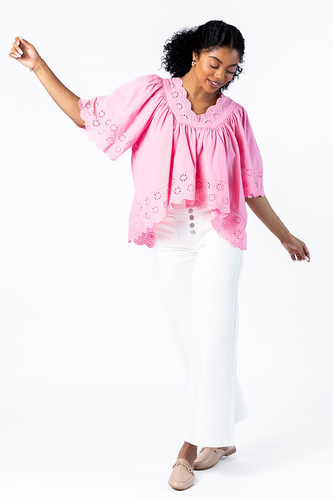 No Regrets Pink Eyelet Detail Popover Short Sleeve Blouse FINAL SALE - Image 3
