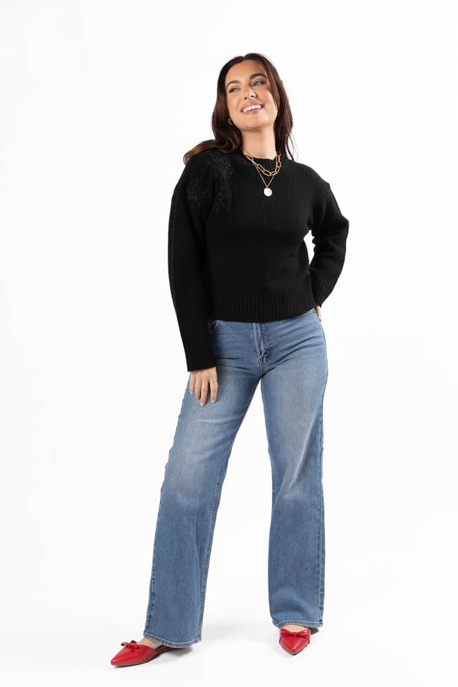 Days Of Dreaming Black Floral Embroidered Crew Neck Sweater FINAL SALE - Image 2