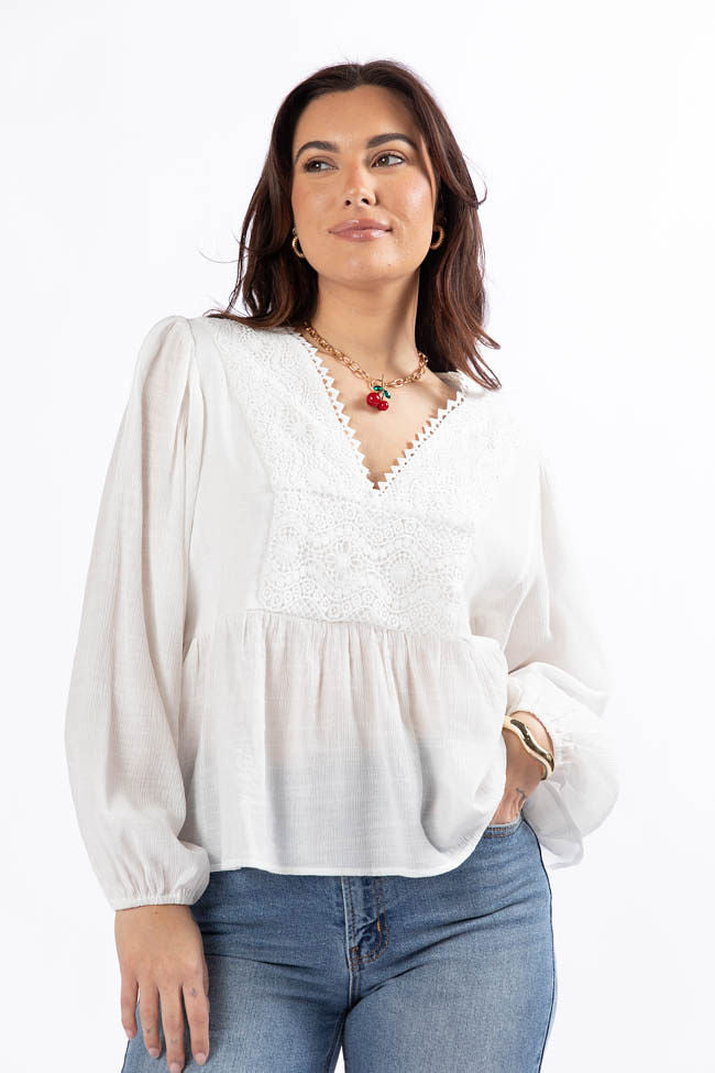 Glistening Lights Ivory Lace Detail Woven Long Sleeve Blouse FINAL SALE - Image 4