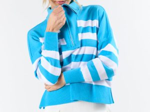 Pulling Heartstrings Hip Length Aqua Stripe Quarter Zip Pullover FINAL SALE