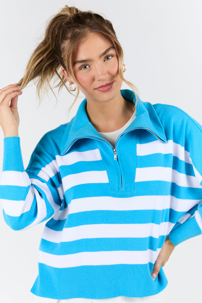 Pulling Heartstrings Hip Length Aqua Stripe Quarter Zip Pullover FINAL SALE - Image 2