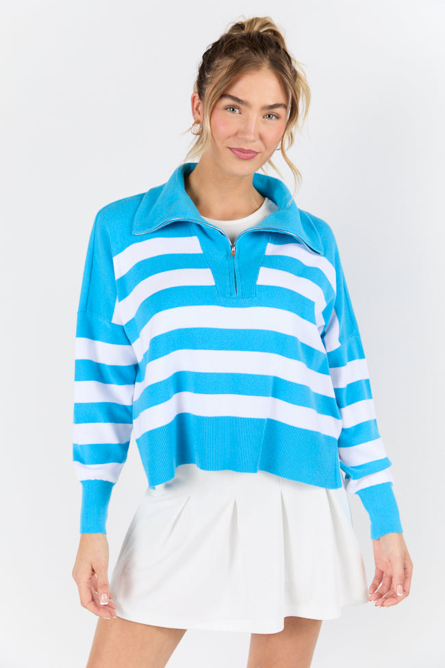 Pulling Heartstrings Hip Length Aqua Stripe Quarter Zip Pullover FINAL SALE - Image 4