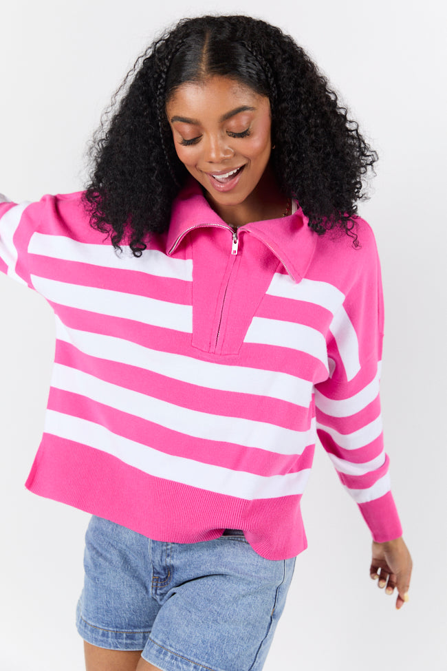 Pulling Heartstrings Hip Length Pink Stripe Quarter Zip Pullover FINAL SALE