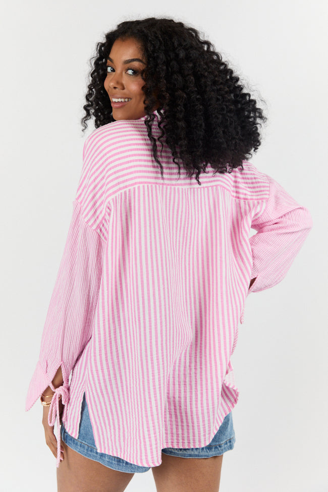 Daybreak Dreams Pink Gauze Multi Stripe Button Down Top FINAL SALE - Image 6