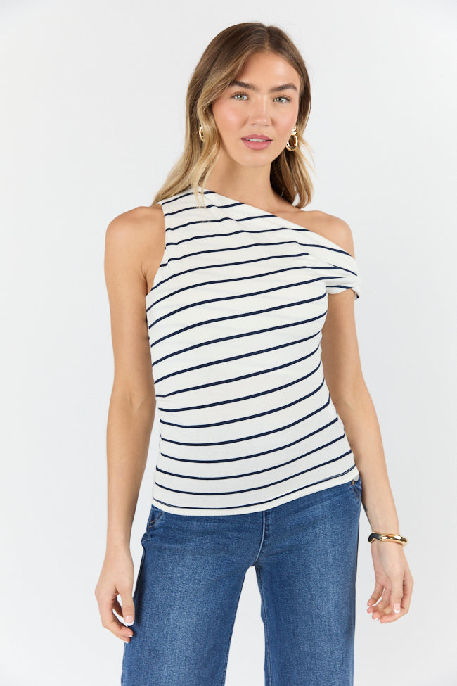Twilight Tides Ivory and Navy Stripe Twisted Off The Shoulder Knit Top FINAL SALE - Image 4