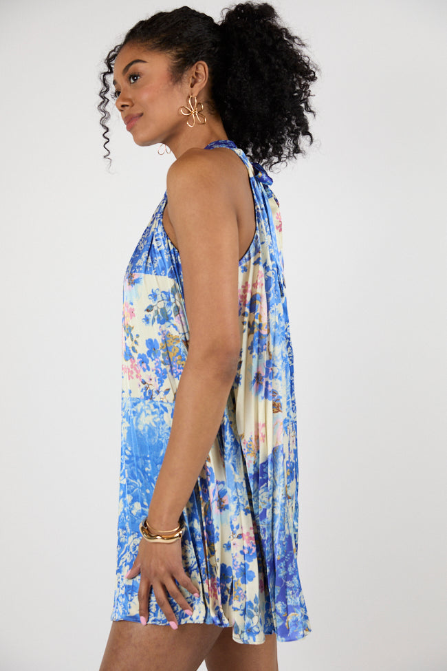 Petal Perfection Blue Multi Halter Neck Printed Mini Dress FINAL SALE - Image 4