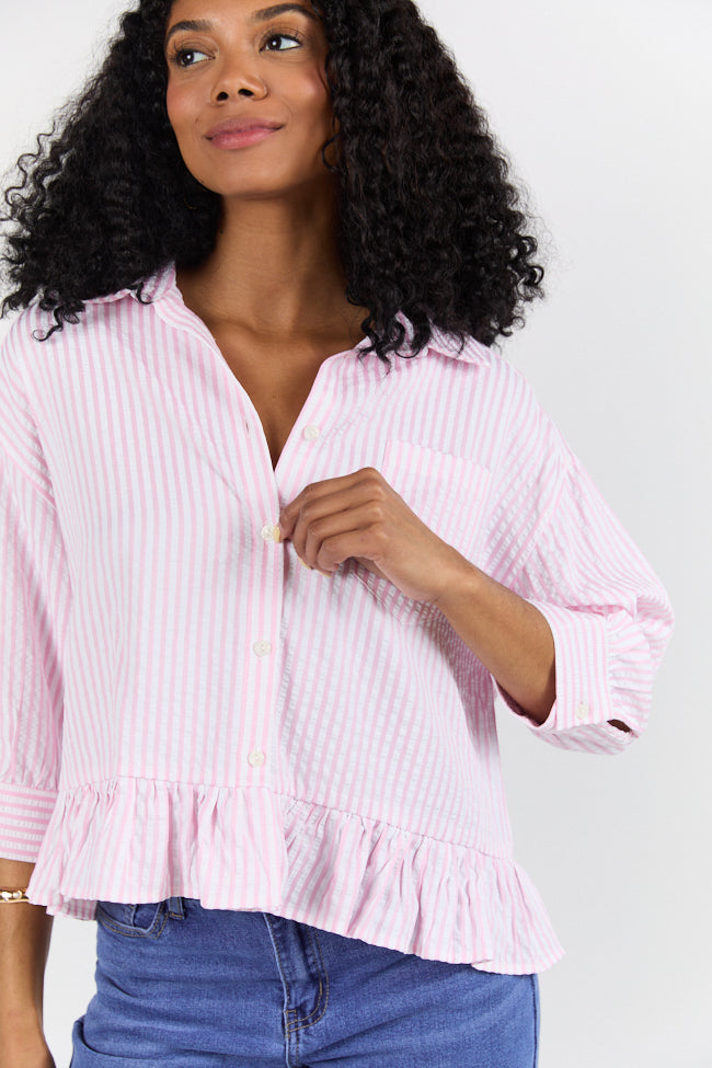 In Depth Pink Ruffle Hem Textured Stripe Button Down Top FINAL SALE - Image 3