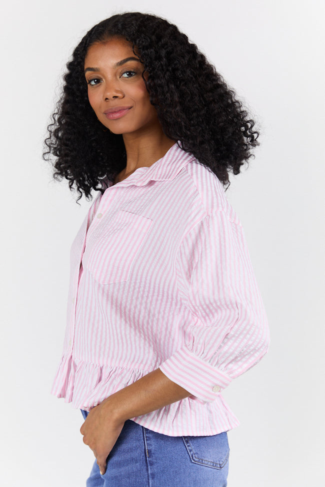 In Depth Pink Ruffle Hem Textured Stripe Button Down Top FINAL SALE - Image 4