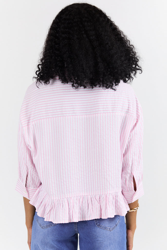 In Depth Pink Ruffle Hem Textured Stripe Button Down Top FINAL SALE - Image 5