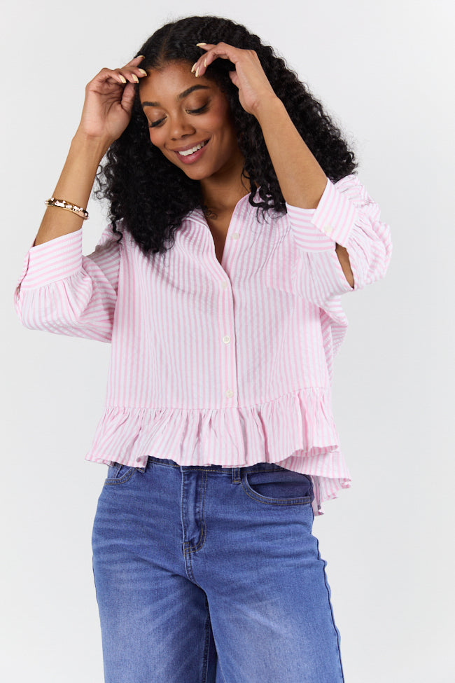 In Depth Pink Ruffle Hem Textured Stripe Button Down Top FINAL SALE