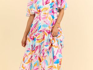 In The Wildflowers Multi Color Short Sleeve V-neck Maxi Dress FINAL SALE