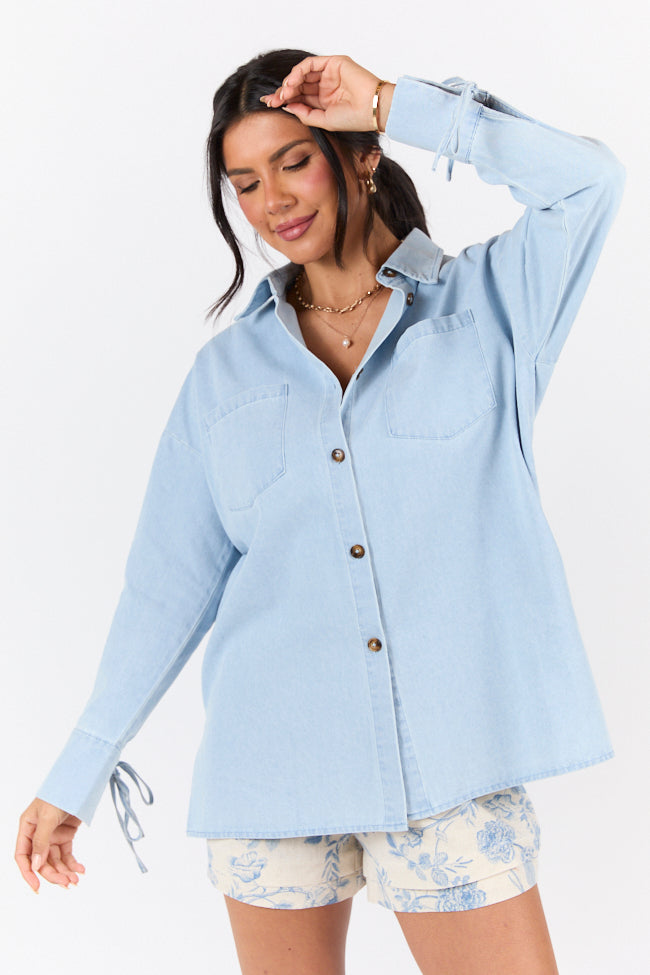 Different Plans Light Wash Chambray Button Down Blouse FINAL SALE - Image 5